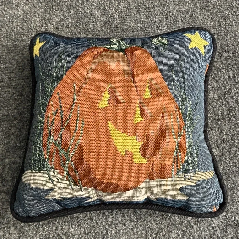 Vintage Woven Pumpkin Halloween Throw Pillow Spooky Holiday Fun Haunted